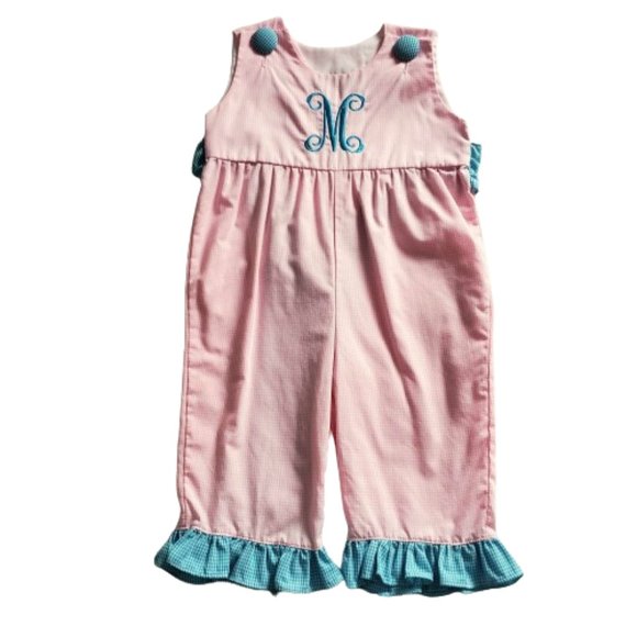 Stitched & Smocked Monogrammed M Pink Longalls Size 18m - Picture 1 of 4